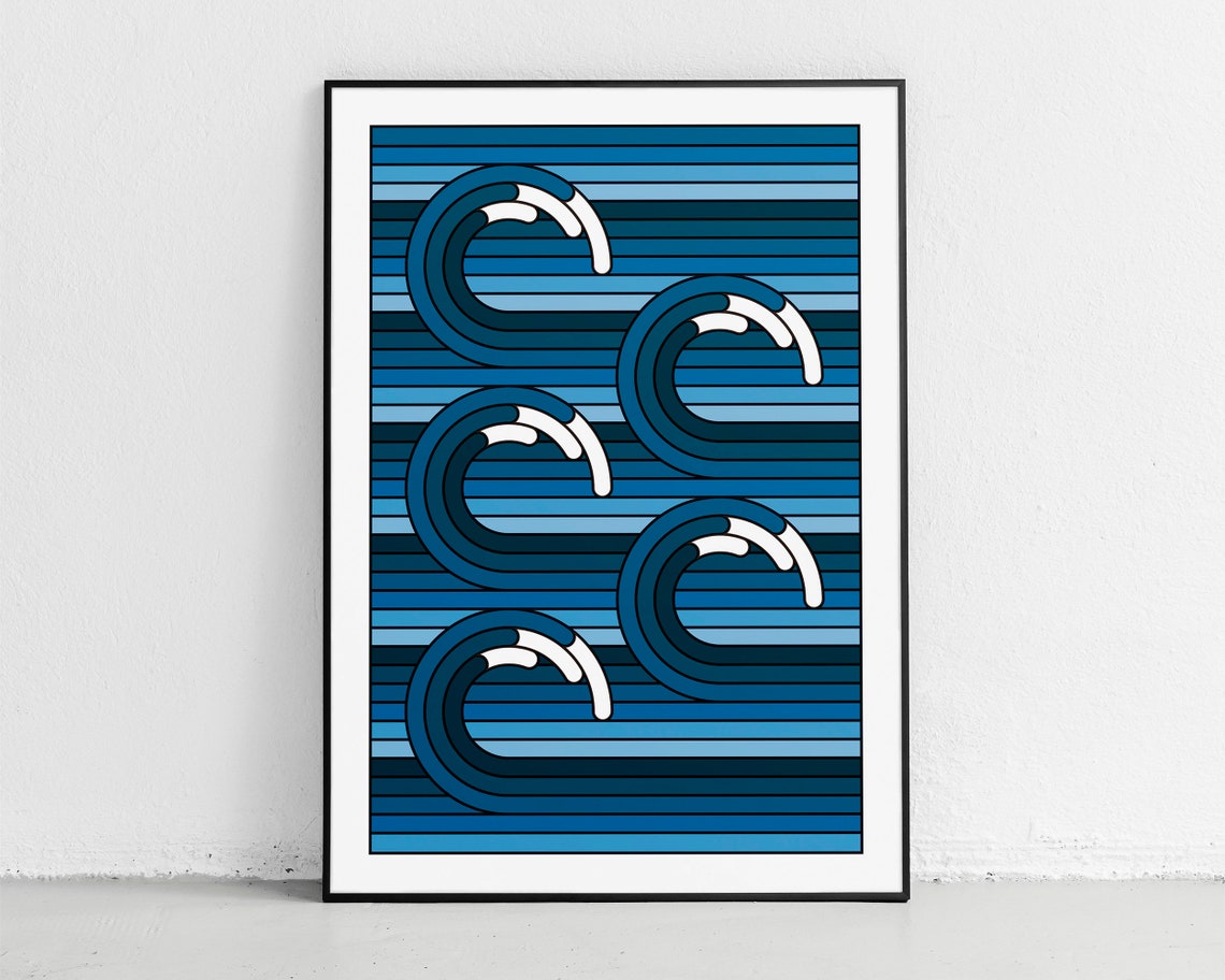 Geometric Blue Breaking Waves Modern Surf Minimalist Art Poster