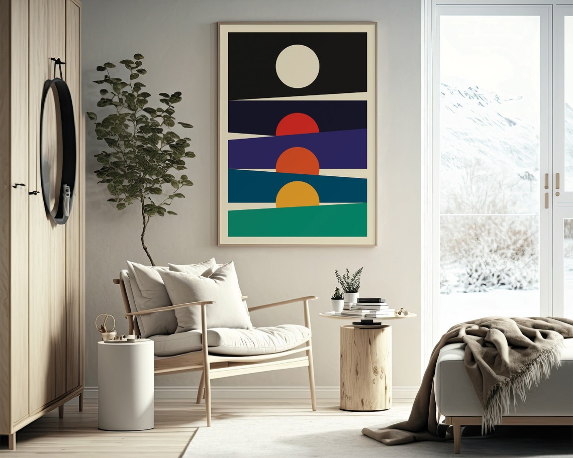 Abstract Geometric Sunset Layered Sun Seascape Modern Art Poster - Image 2