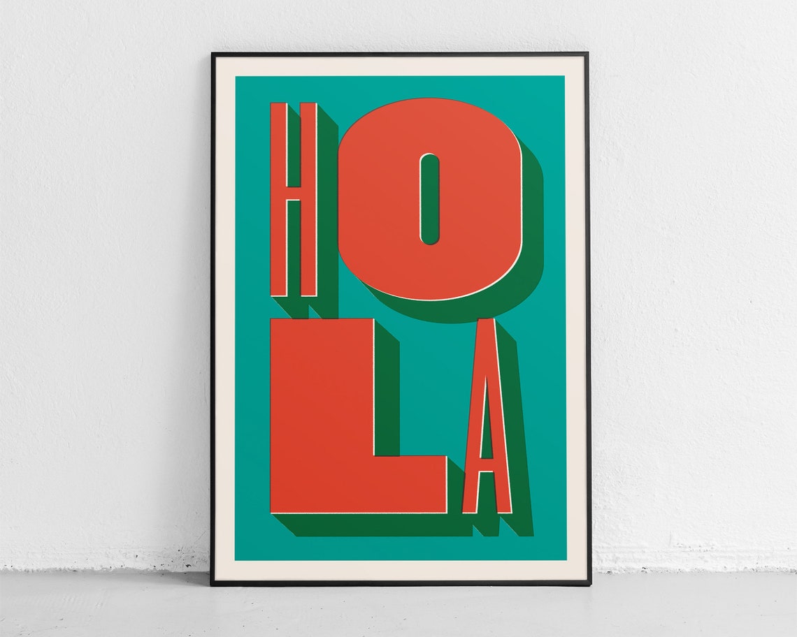 Hola Word Retro Typography Red Teal Bold Spanish Greeting Art Poster