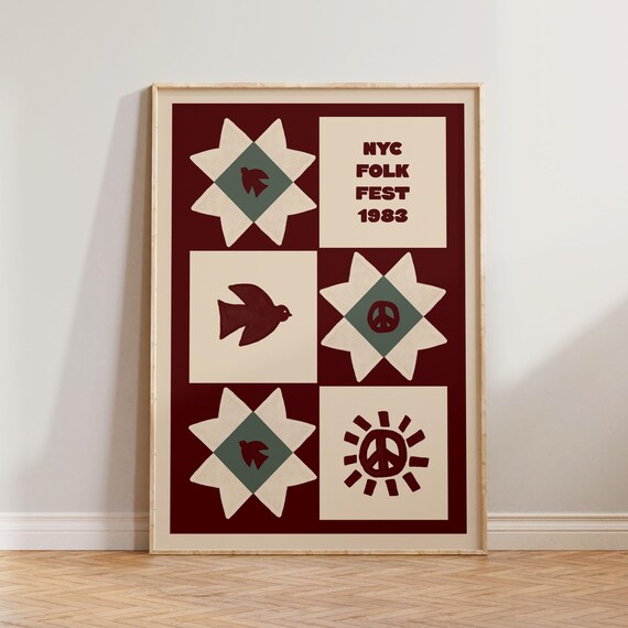 NYC Folk Fest 1983 Retro Quilt Block Poster Peace Dove Festival Art