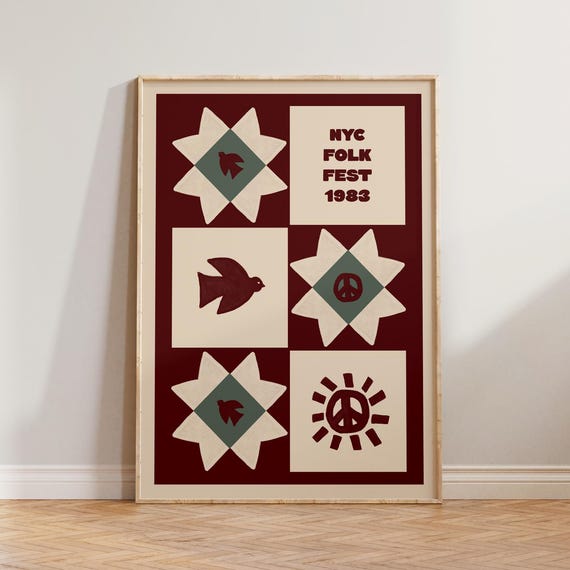 Retro Wall Art Vintage Style Print Nyc Living Room Poster Folk Festival Music Patchwork Colourful