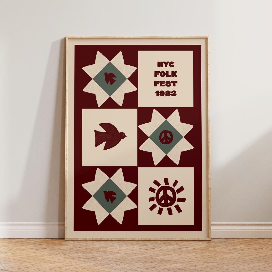 NYC Folk Fest 1983 Retro Quilt Block Poster Peace Dove Festival Art
