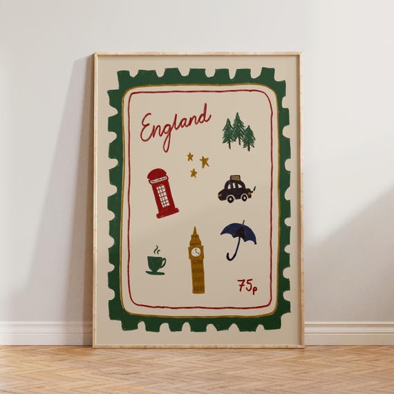 Retro England Travel Poster, London UK Illustration Stamp