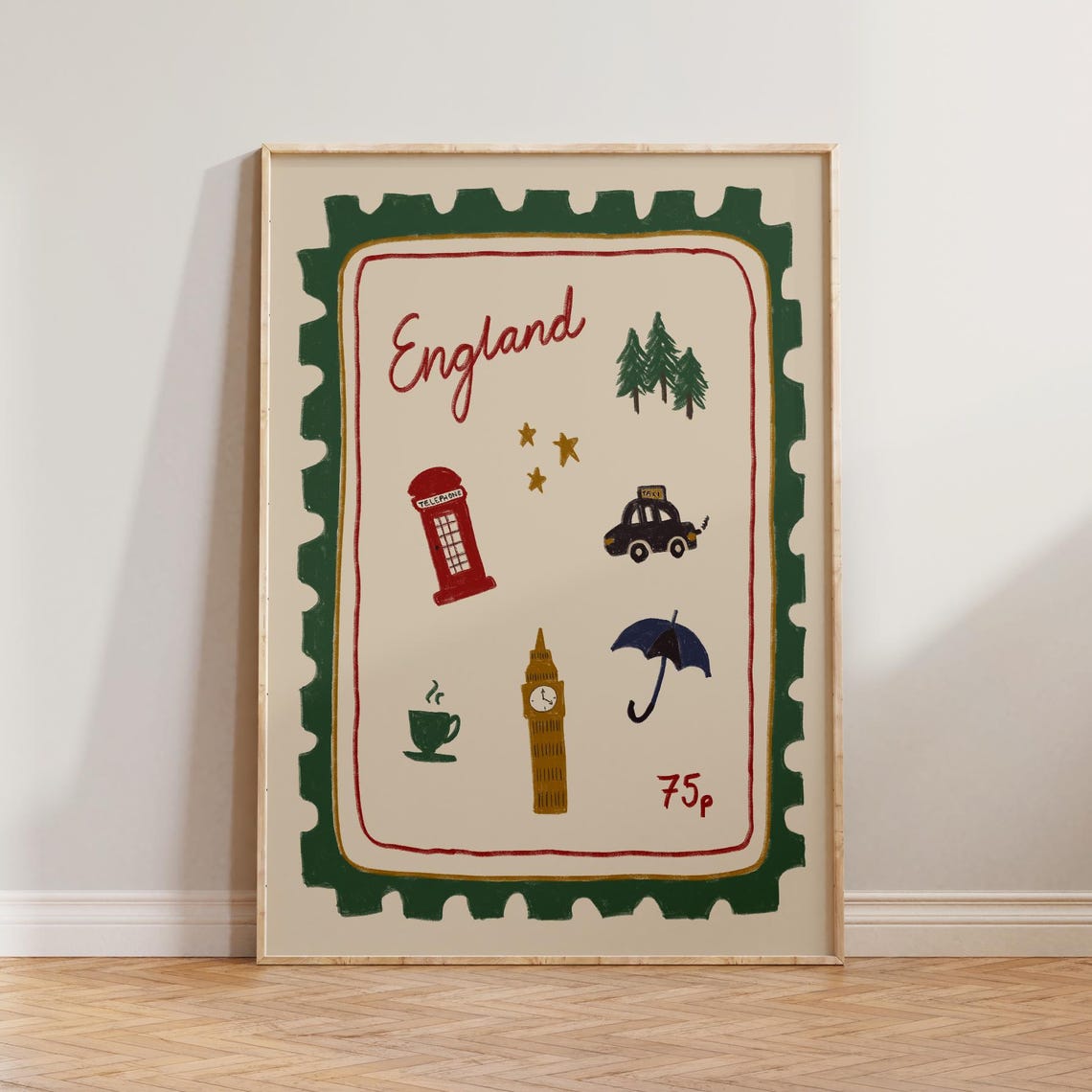Retro England Travel Poster, London UK Illustration Stamp
