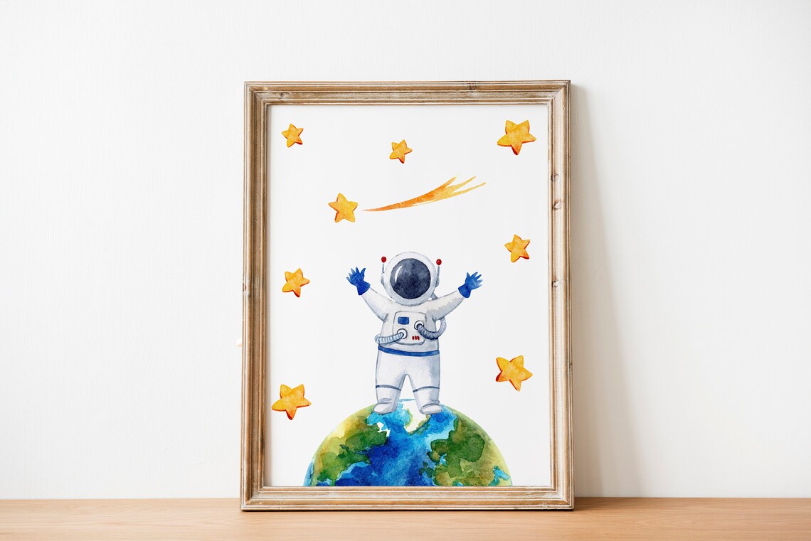 Astronaut Riding Rocket Watercolor Space Kids Room Decor Poster - Image 2