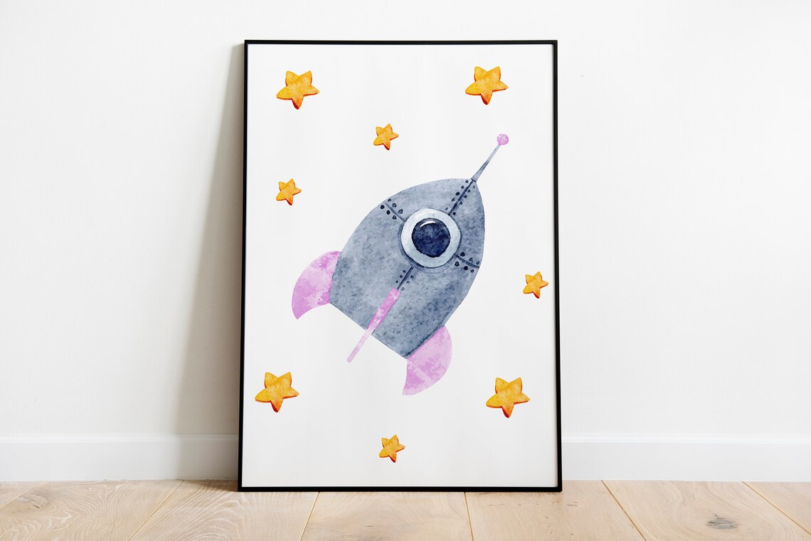 Happy Astronaut Stars Watercolor Girl Space Nursery Decor Poster - Image 3