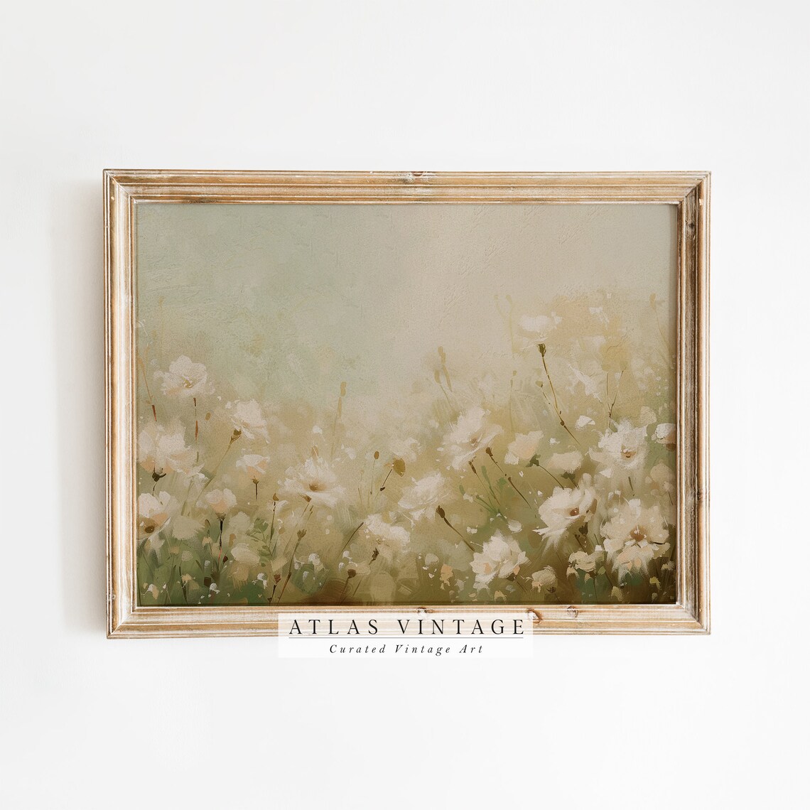 White Wildflowers Field in Soft Neutral Tones Vintage Floral Poster