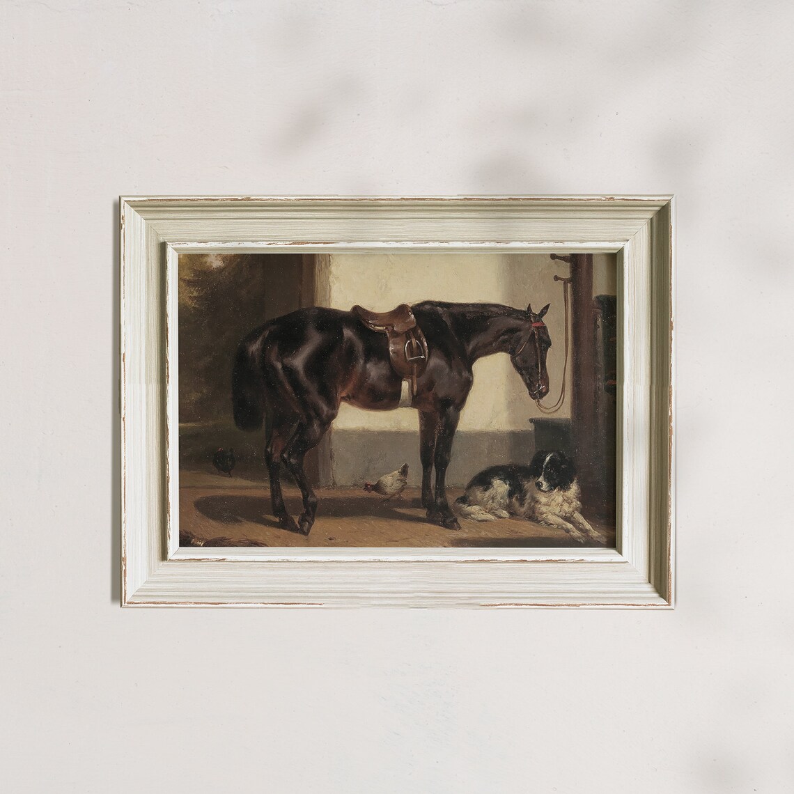 Saddled Bay Horse in Stable with Dog Vintage Equestrian Poster - Image 3