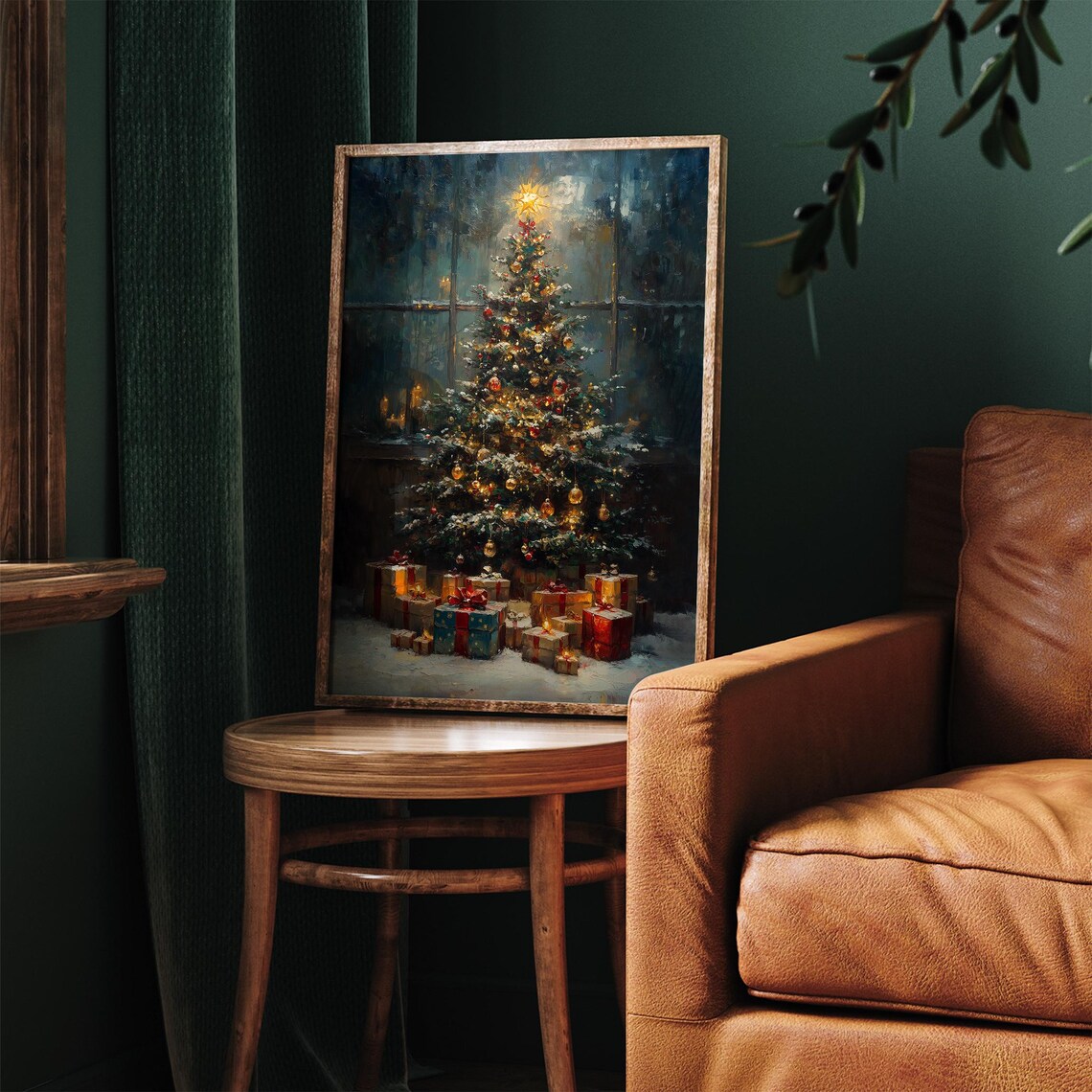 Cozy Christmas Tree with Gifts by Frosty Window Painting Poster - Image 5