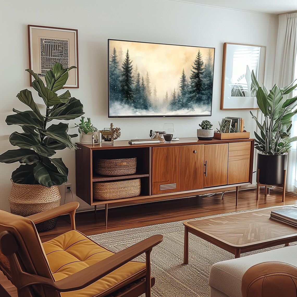 Tall Pines in Snowy Mist With Golden Sky Vintage Frame TV Art Poster - Image 2