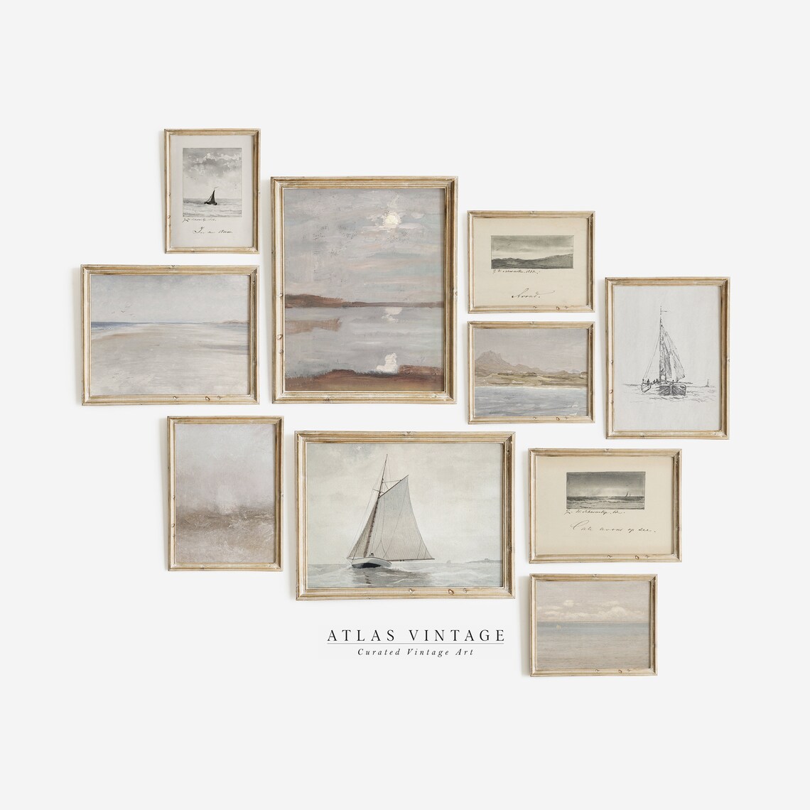 Set of 10 Vintage Coastal Sailboat Seascape Muted Neutral Gallery Wall Poster