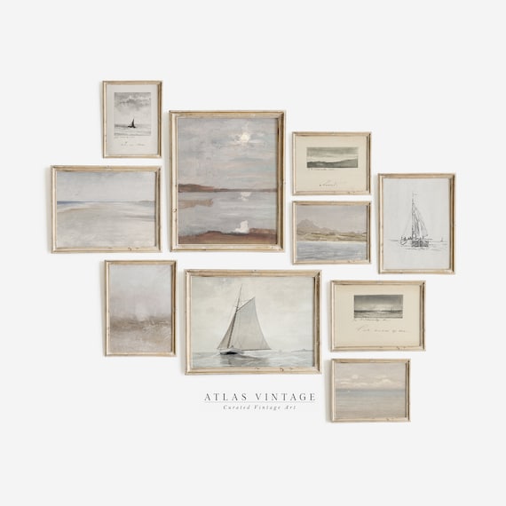 Set of 10 Vintage Coastal Sailboat Seascape Muted Neutral Gallery Wall Poster