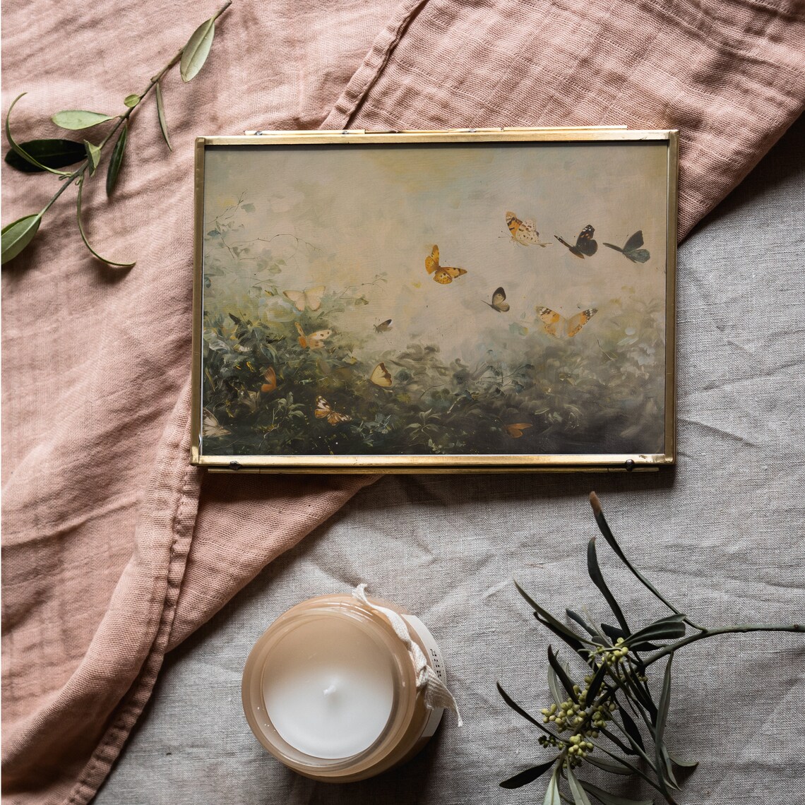 Colorful Butterflies Flying Over Misty Garden Painting Poster - Image 2