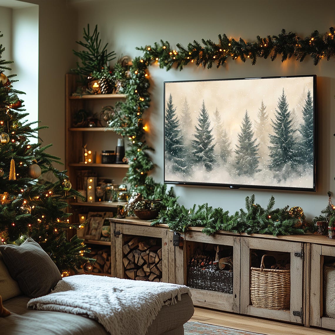Snowy Evergreen Forest Falling Snow Neutral Winter Scene Poster - Image 6