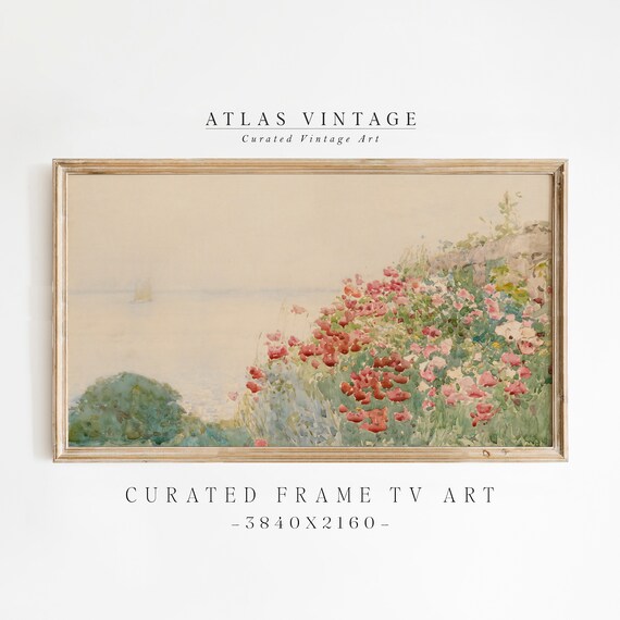 Watercolor Coastal Flowers Poster Sailboat Pink Roses Ocean View