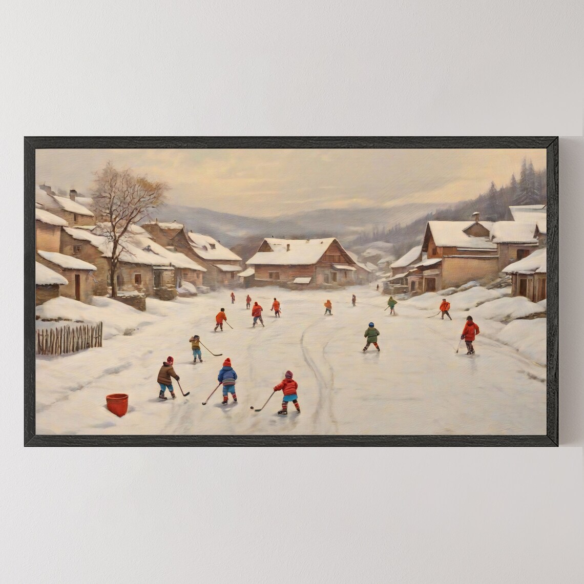 Vintage Christmas Frame Tv Art Winter Village Frame Tv Holiday Screensaver Hockey Players Landscape Painting - Image 8