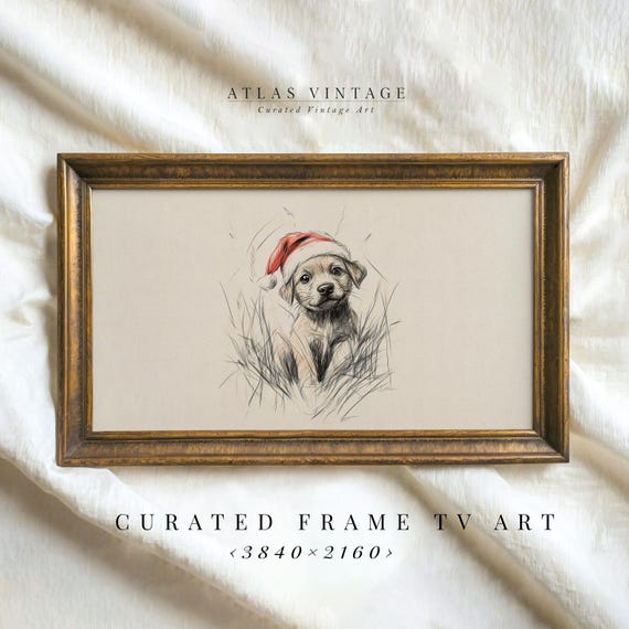 Puppy In Santa Hat Sketch Frame Tv Art Neutral Christmas Decor Cute Baby Dog Drawing Frame Tv Vintage Animal Nursery Screensaver
