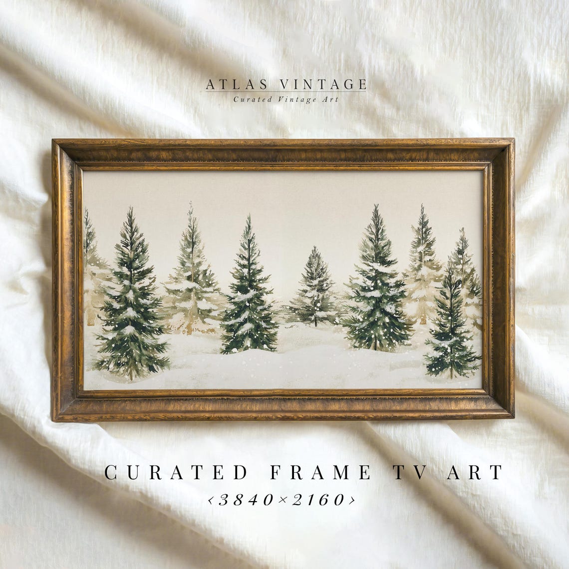 Snowy Pine Trees Watercolor Frame TV Art Winter Forest Minimal Poster