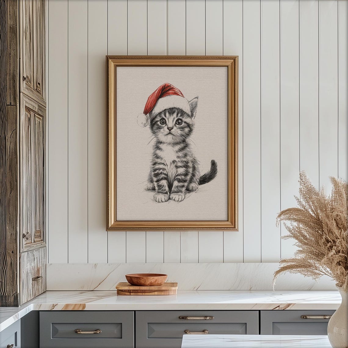 Kitten in Santa Hat Sketch Cute Tabby Cat Christmas Drawing Poster - Image 4