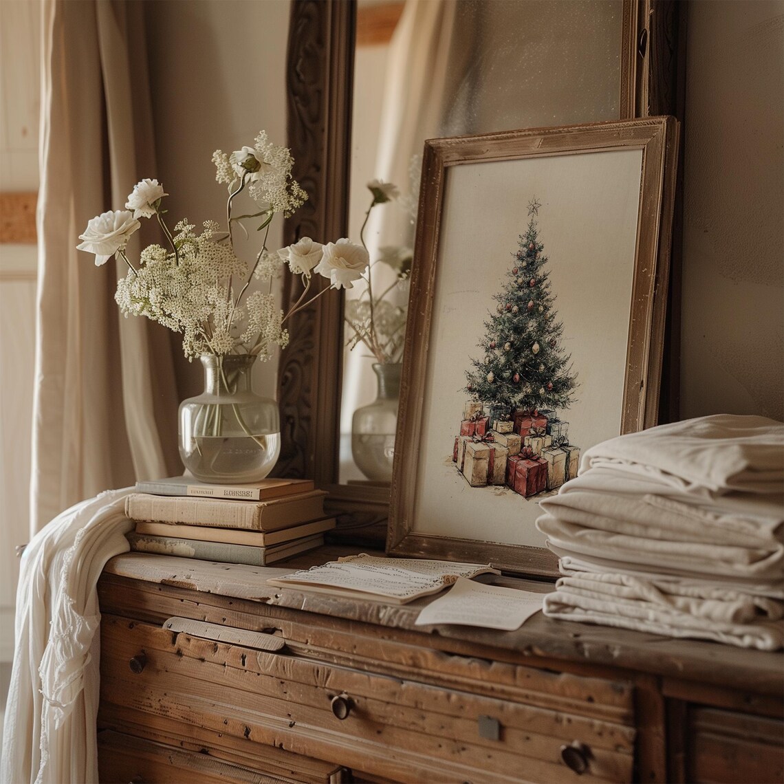 Vintage Christmas Tree With Gifts Sketch Neutral Pine Tree Poster - Image 4
