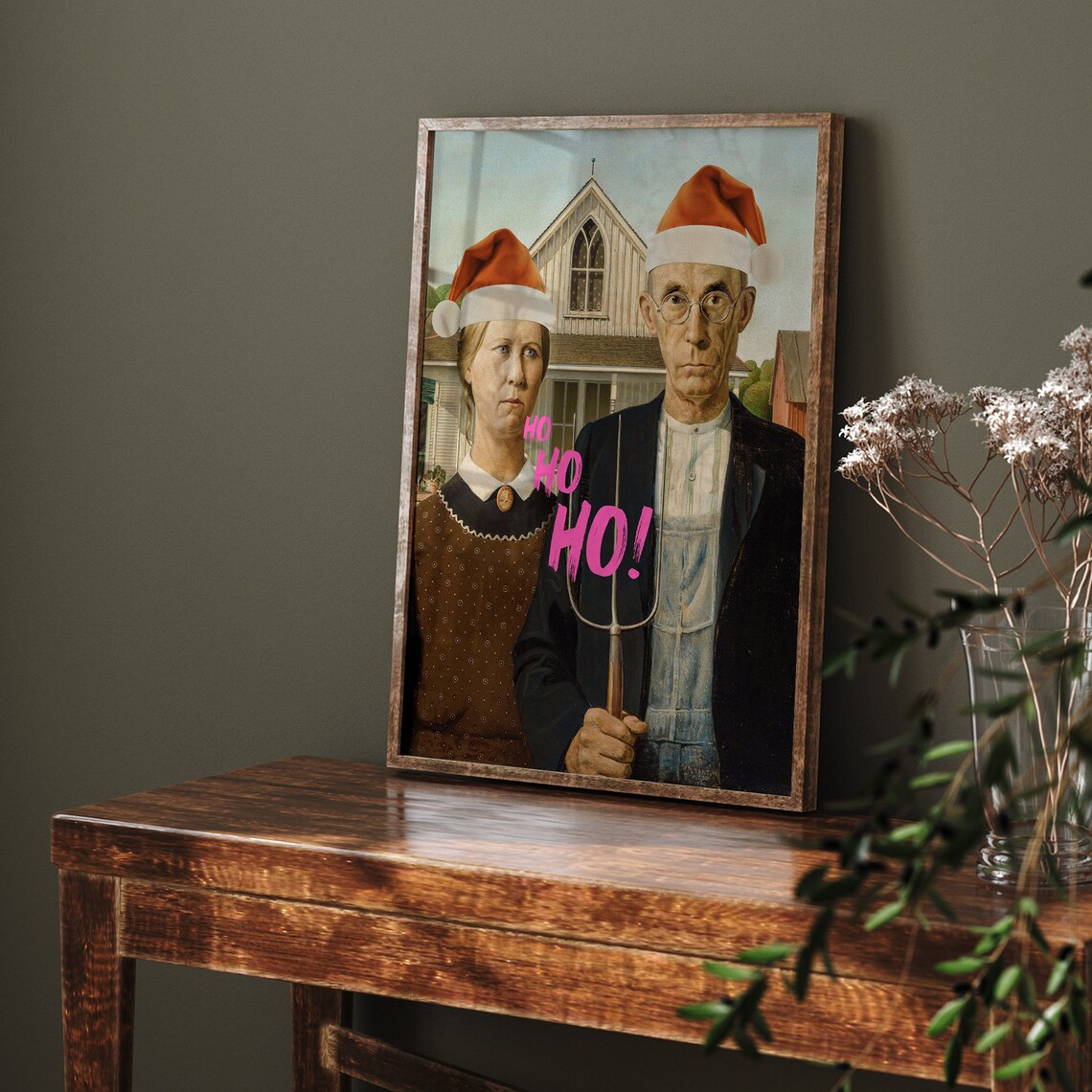 American Gothic Santa Hats Funny Altered Christmas Art Poster - Image 7