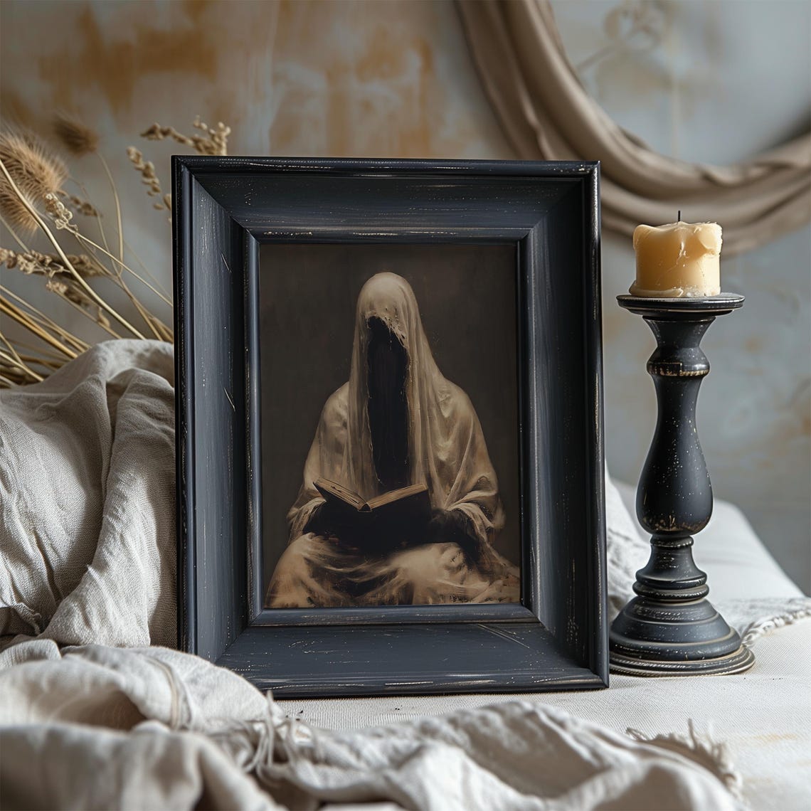 Veiled Ghost Reading Book Dark Spooky Gothic Portrait Art Poster - Image 6