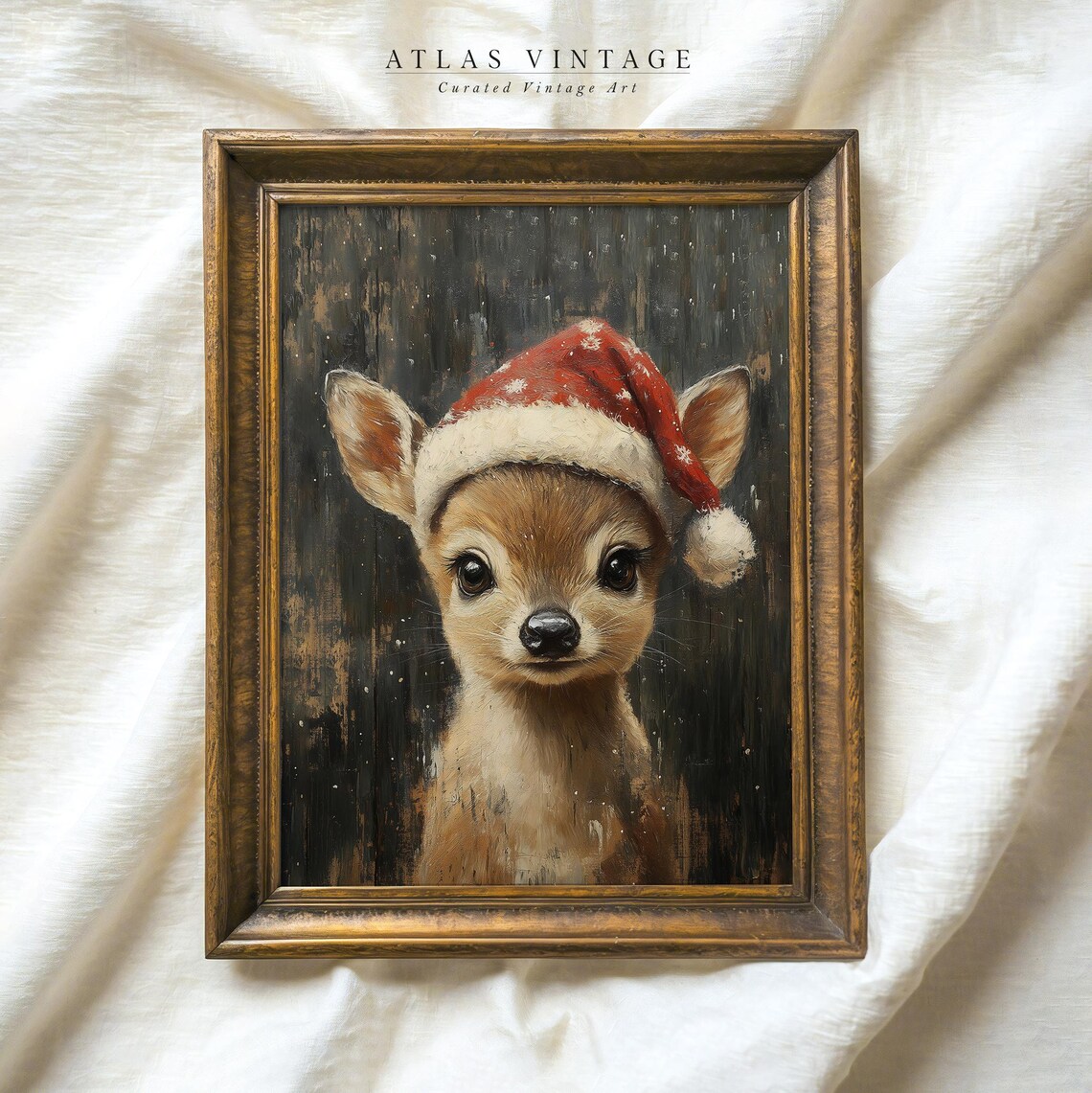Cute Baby Deer in Santa Hat Vintage Christmas Fawn Painting Poster - Image 6