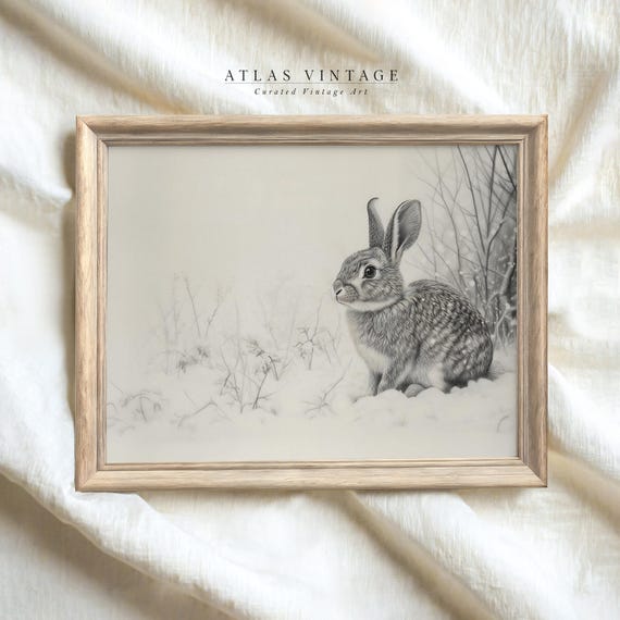 Baby Rabbit In Santa Hat Sketch Xmas Print Vintage Animal Christmas Wall Decor Cute Hare Drawing Print Neutral Nursery