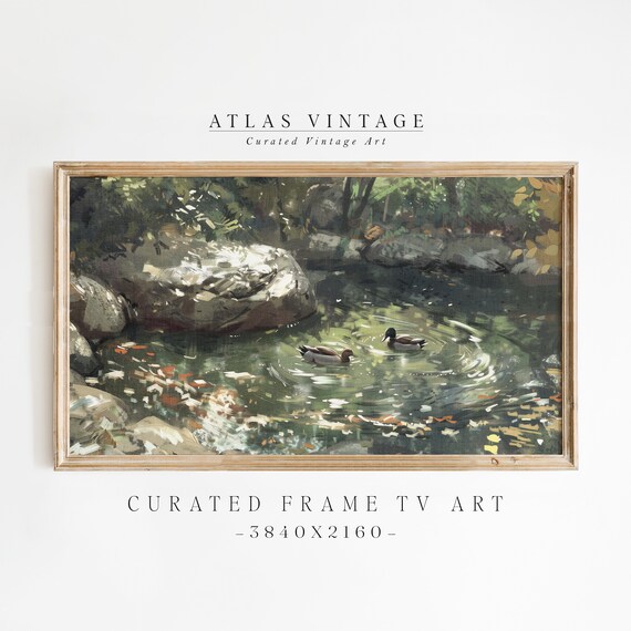 Two Ducks on a Woodland Pond Vintage Style Frame TV Art Print