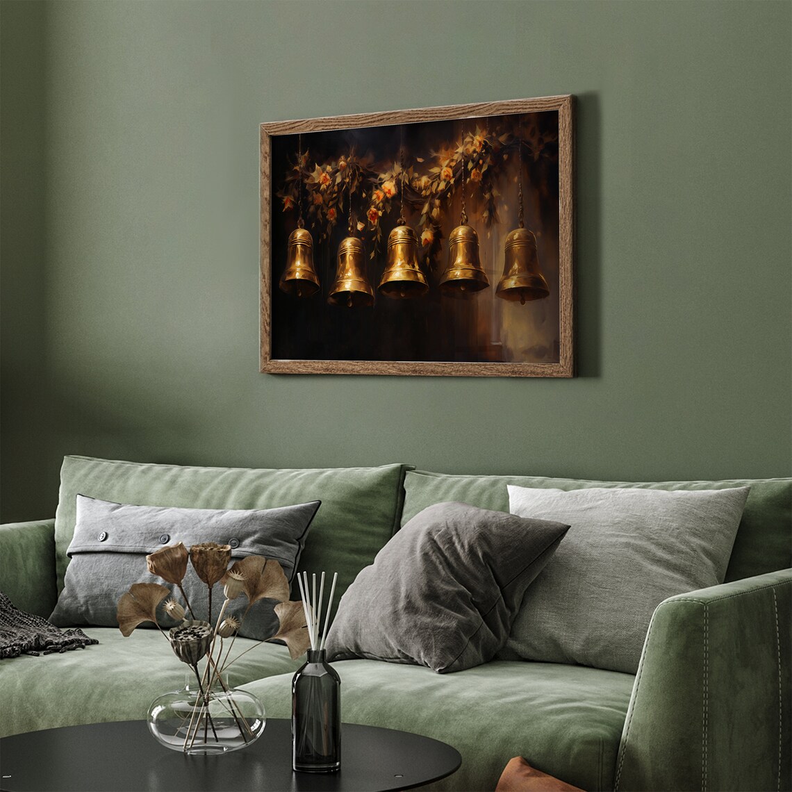 Five Antique Brass Bells with Floral Garland Dark Painting Poster - Image 3