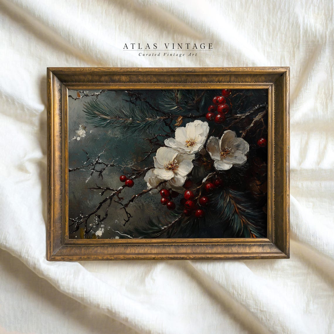White Winter Blossoms With Red Berries On Dark Pine Boughs Poster