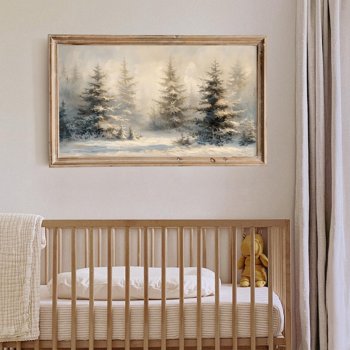 Snowy Evergreen Forest in Sunlit Mist Vintage Winter Frame TV Poster - Image 5