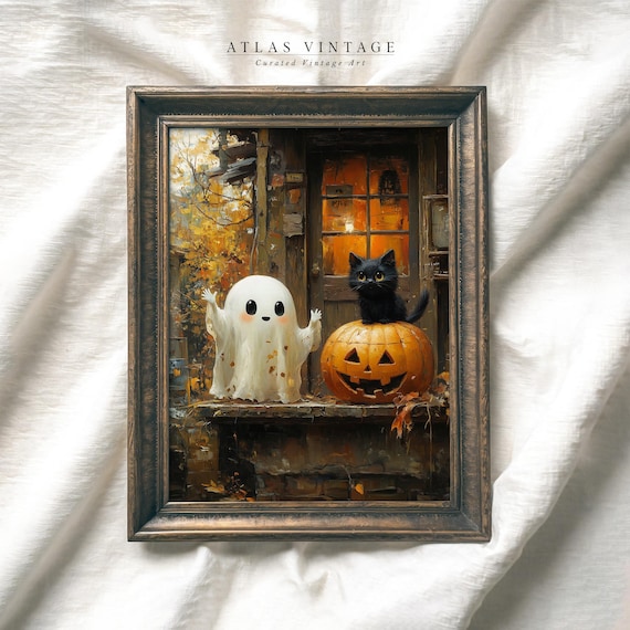 Cute Ghost Black Cat and Jack O Lantern Halloween Porch Painting Art Poster
