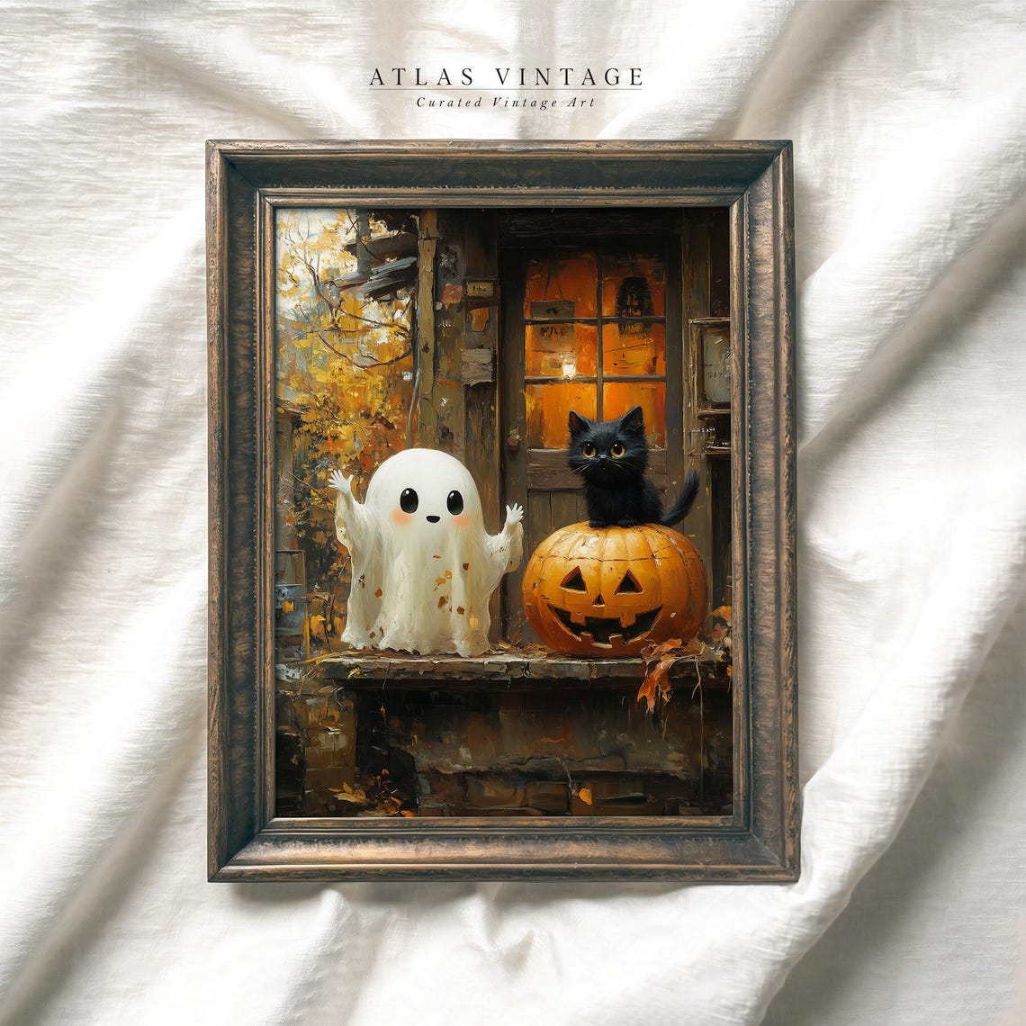 Vintage Cute Ghost Black Cat Pumpkin Halloween Print Spooky Ghost Painting Autumn Wall Art Dark Funny Fall Decor