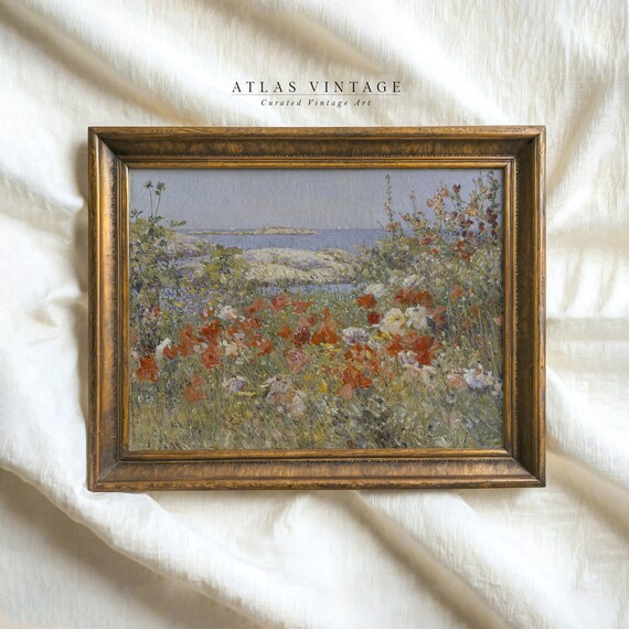 Coastal Wildflower Field Summer Painting Ocean Poppy Meadow Poster