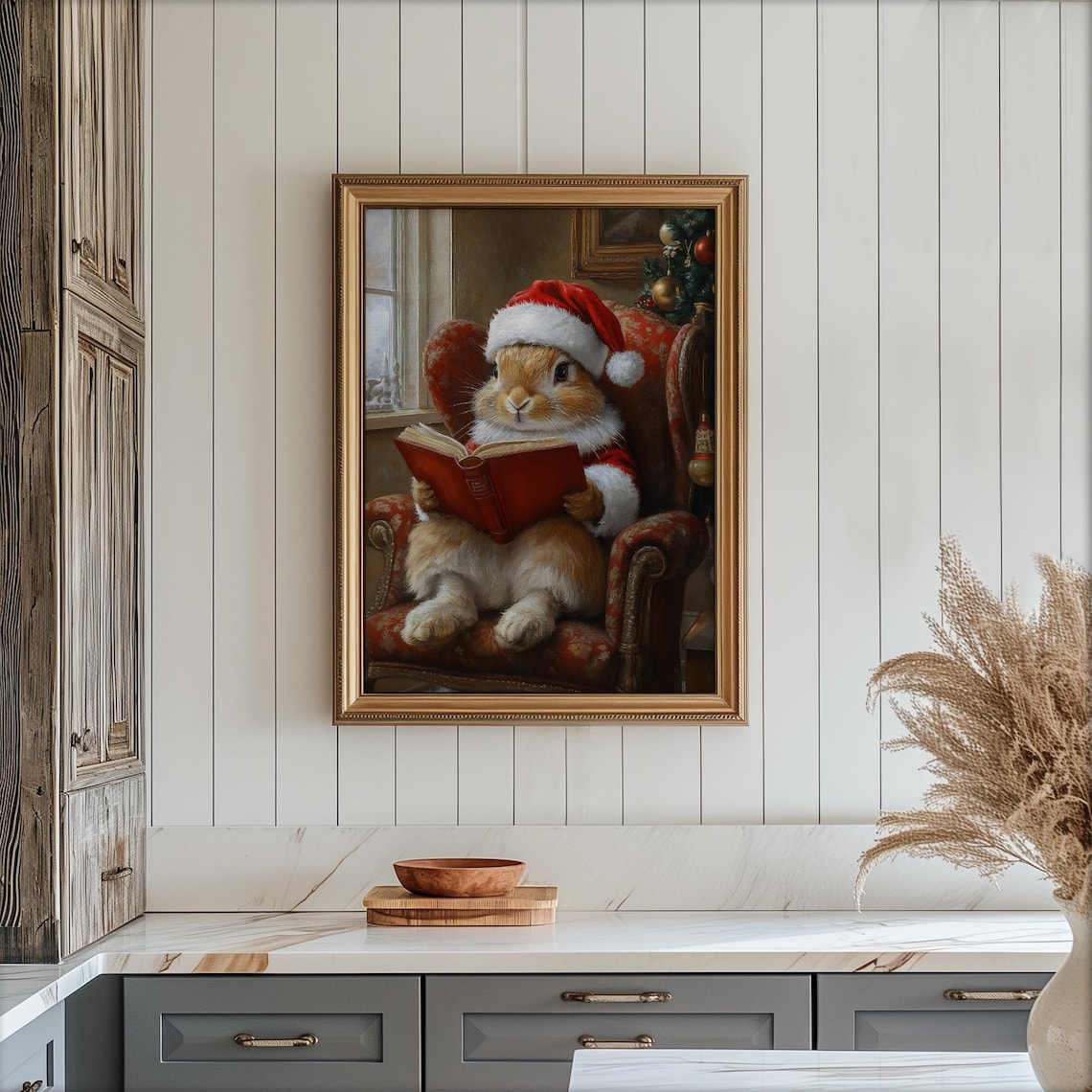 Cute Bunny Reading Book in Santa Hat Christmas Nursery Poster - Image 3