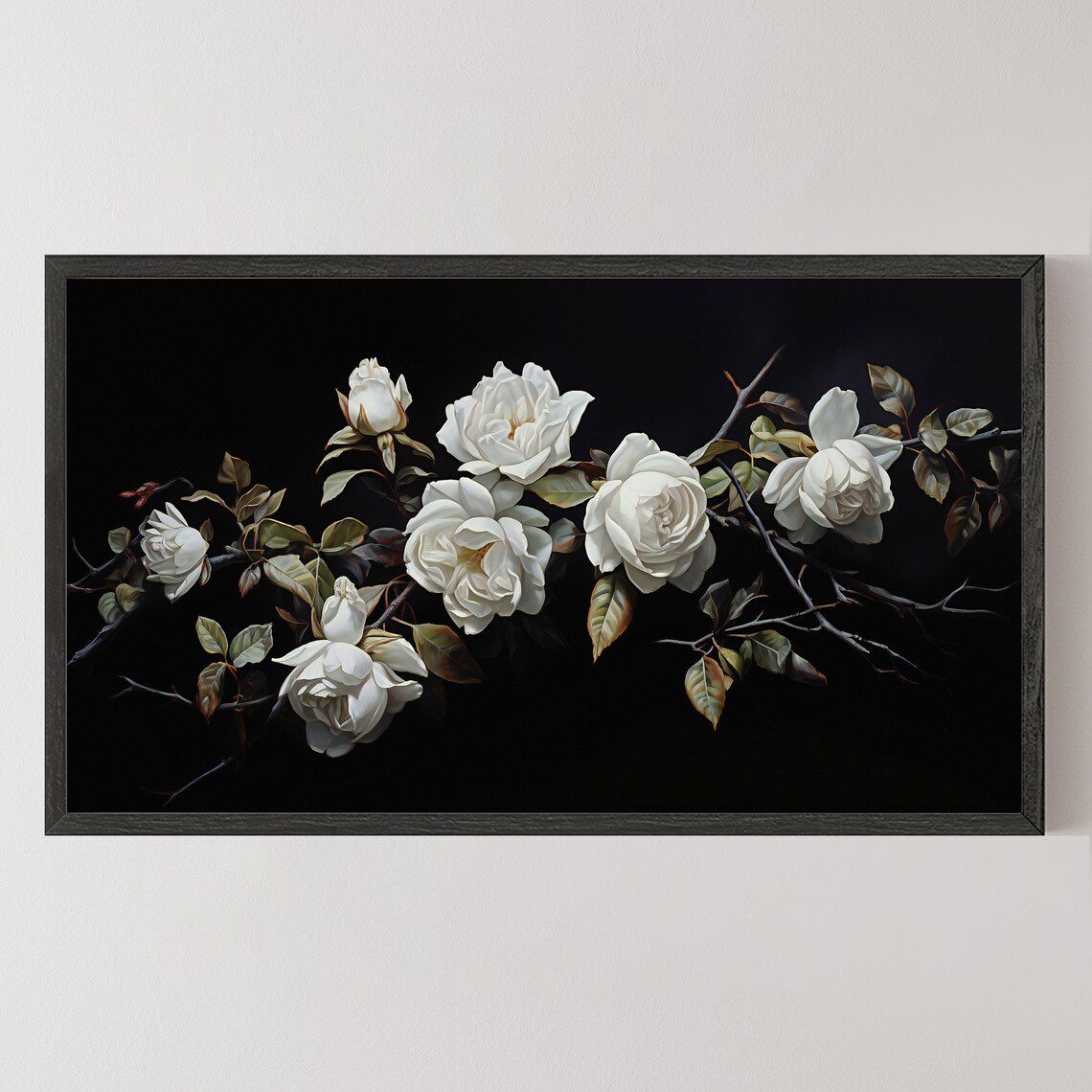 White Roses on Black Background Moody Vintage Floral Art Poster - Image 5
