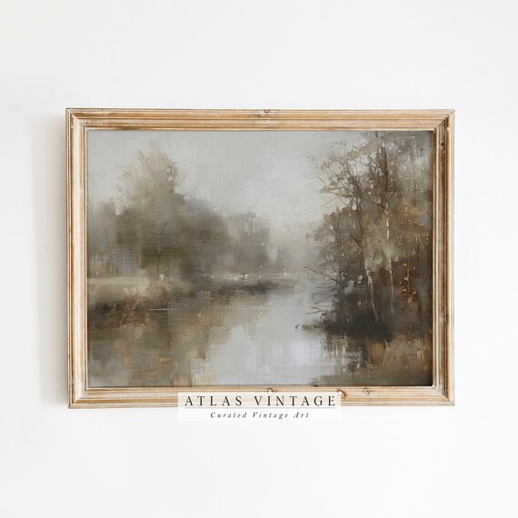 Misty Gray Woodland River Reflections Soft Abstract Nature Painting Poster
