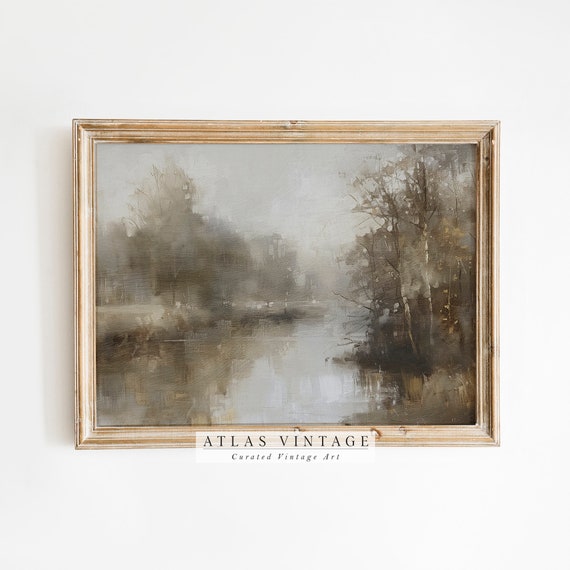 Vintage Dark Abstract Landscape Print Muted Neutral River Painting Rustic Summer Scenery Decor Moody Forest Wall Art