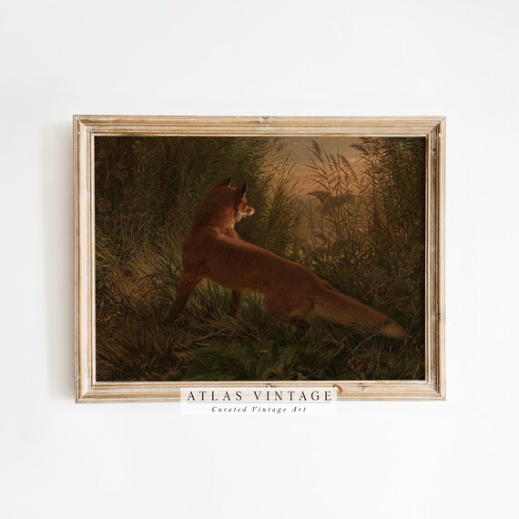 Red Fox Pouncing Through Tall Grass At Dusk Moody Woodland Oil Poster