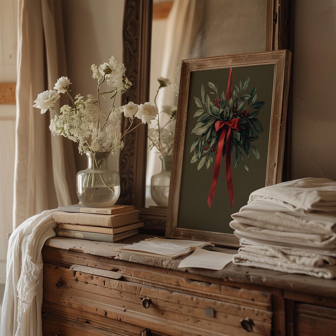Christmas Mistletoe With Red Ribbon on Olive Green Holiday Poster - Image 2