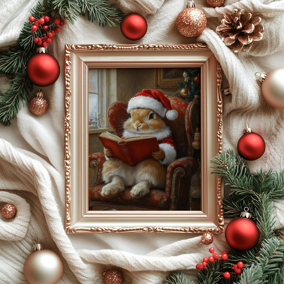 Cute Bunny Reading Book in Santa Hat Christmas Nursery Poster - Image 6
