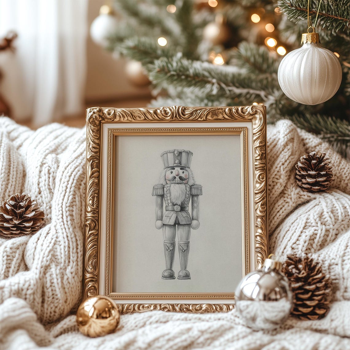 Vintage Christmas Nutcracker Drawing Neutral Winter Sketch Poster - Image 7