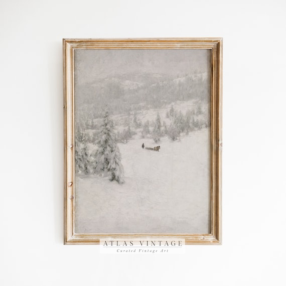 Horse Drawn Sleigh Snowy Valley Vintage Winter Landscape Painting Wall Art