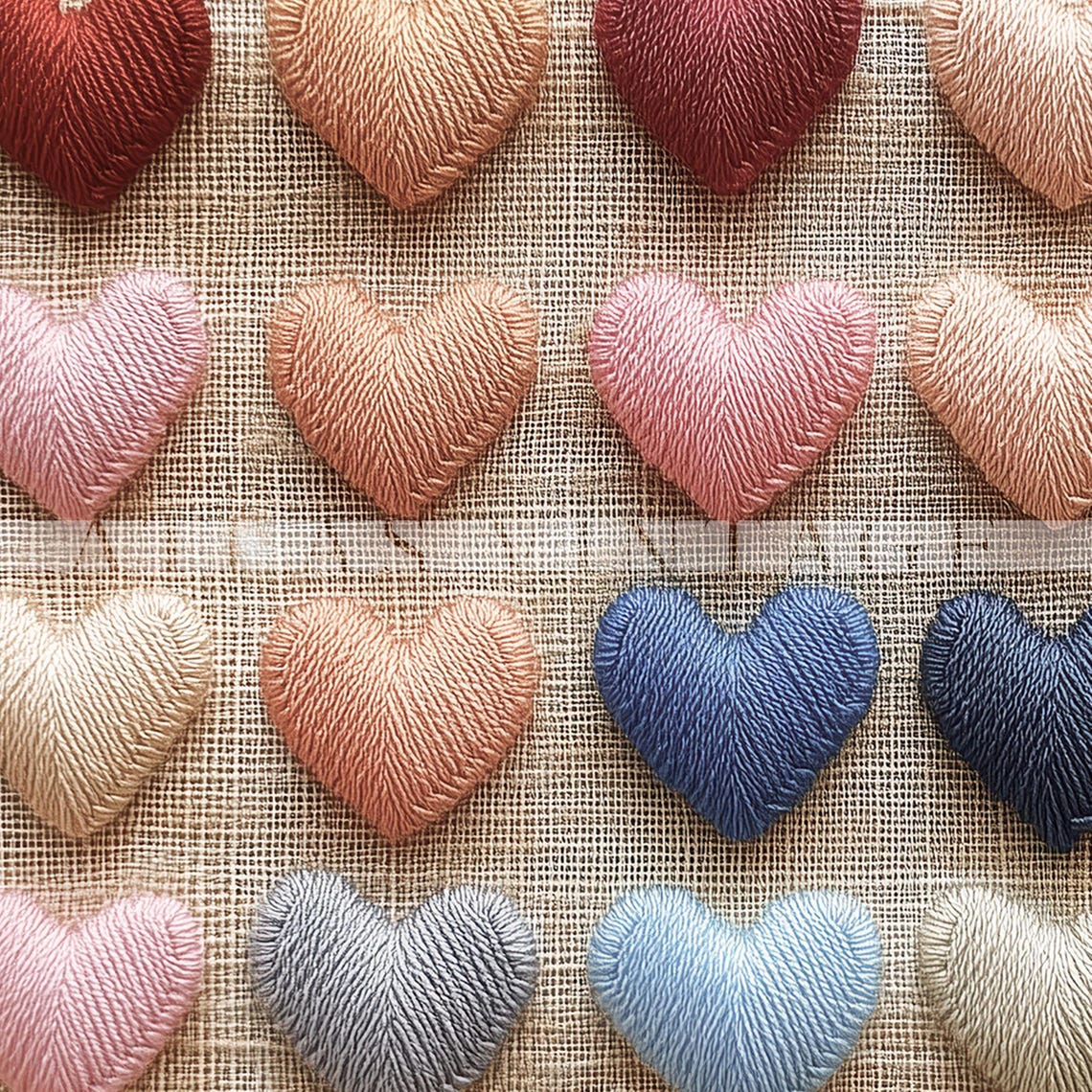 Colorful Embroidered Hearts Grid Linen Valentine Textile Art Poster - Image 6