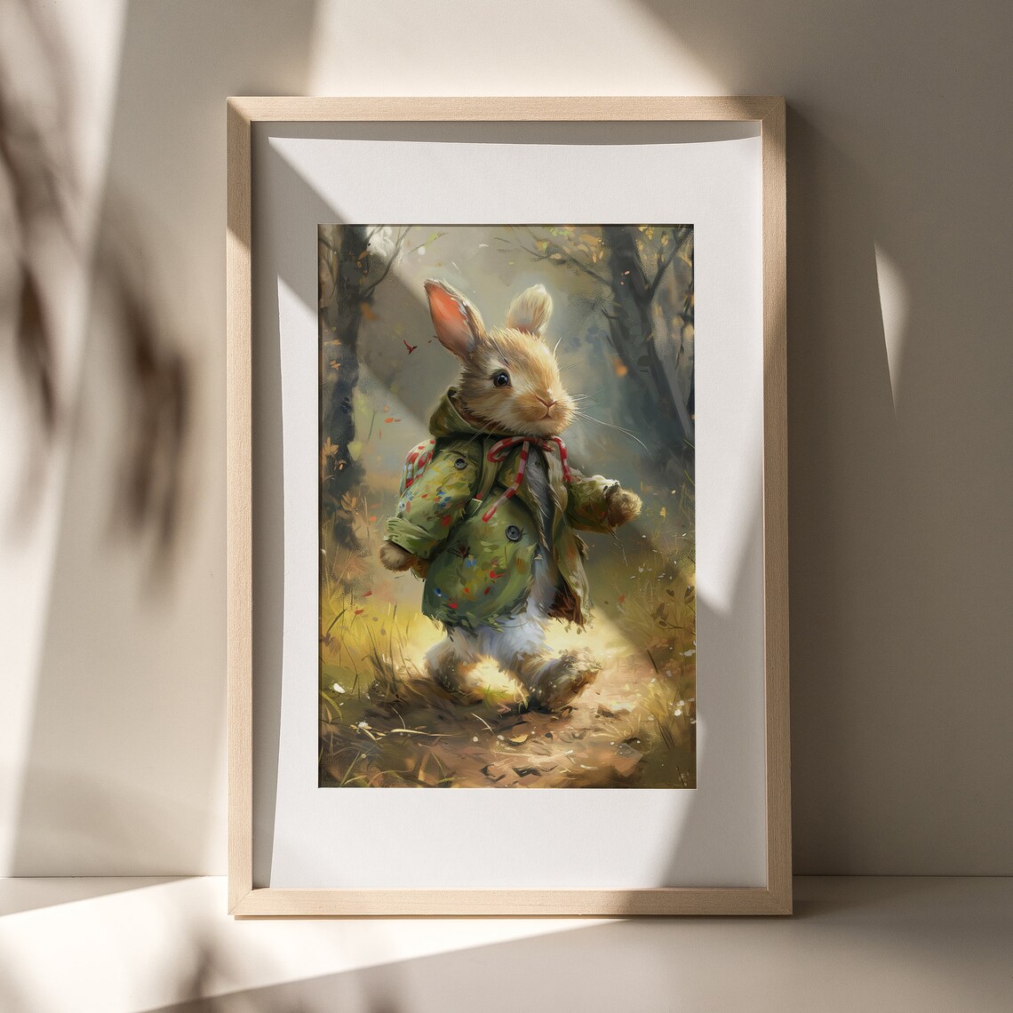 Whimsical Bunny in Green Coat Woodland Forest Adventure Art Poster - Image 4