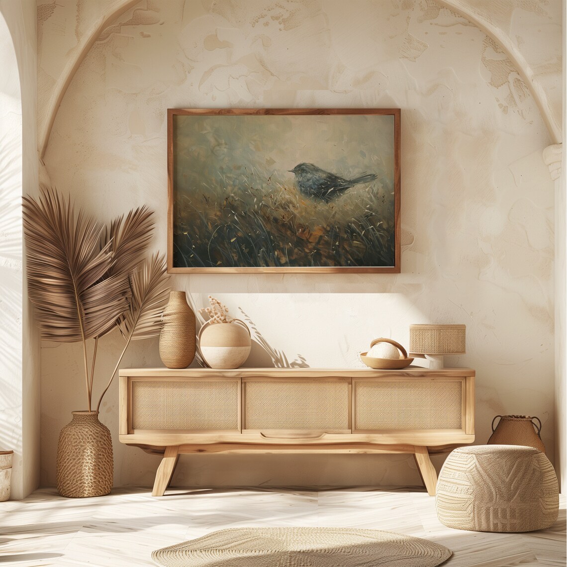Moody Neutral Bird Painting Dark Little Bird in Tall Grass Art Poster - Image 8