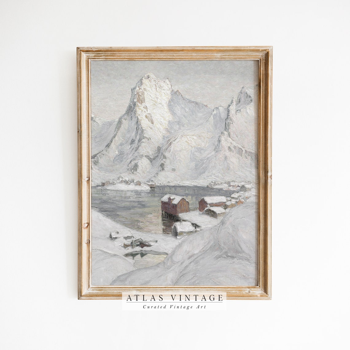 Vintage Snowy Mountain Cabins Winter Lake Antique Painting Poster