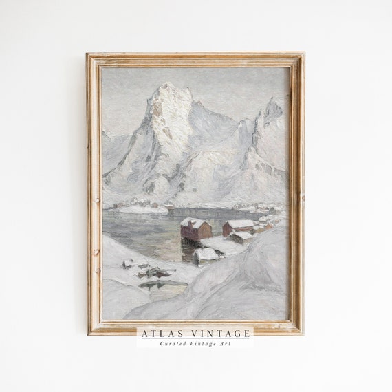 Vintage Snowy Landscape Print Antique Winter Painting Moody Christmas Decor Country Farmhouse Wall Art