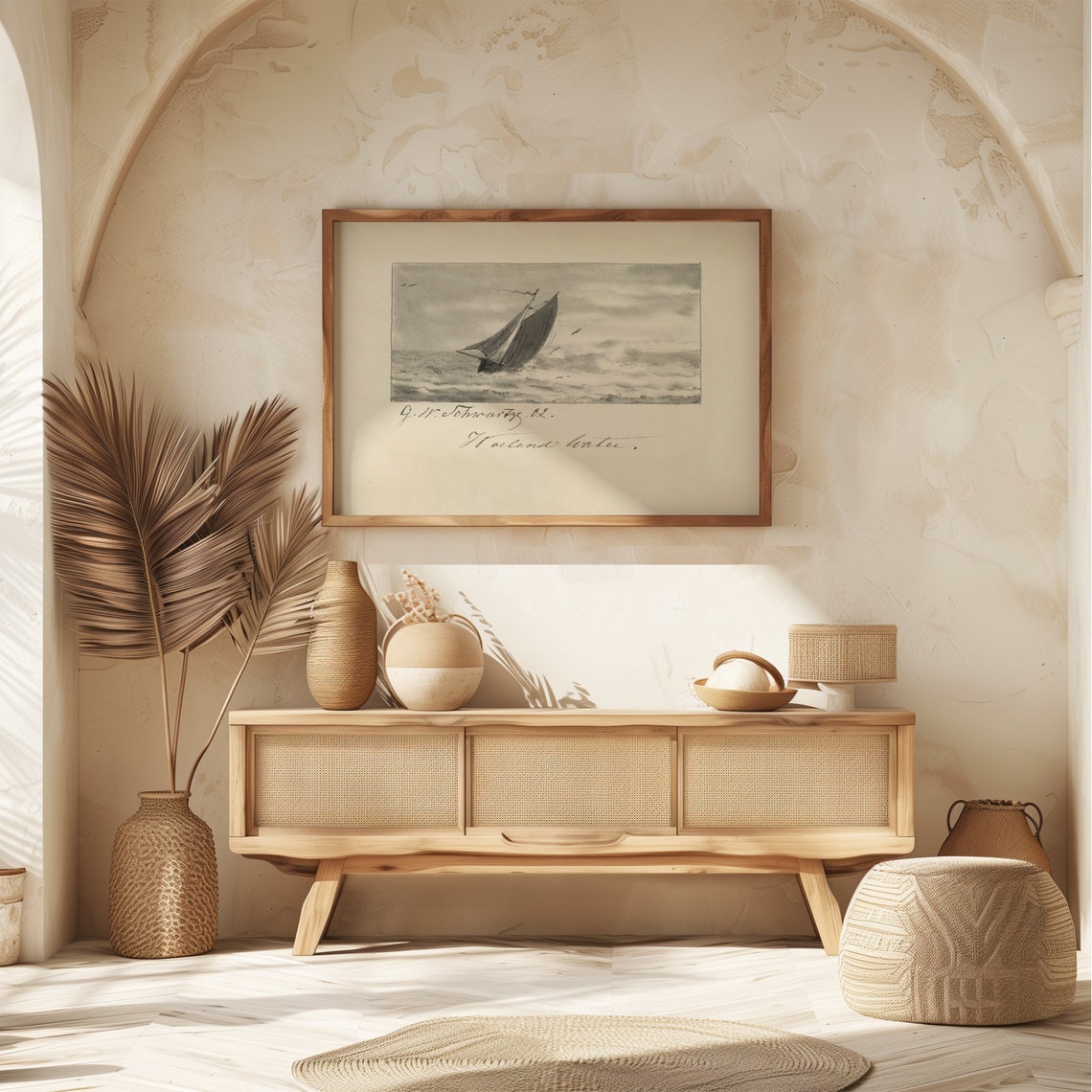 Antique Hand Signed Sailboat Sketch on a Stormy Sea Art Poster - Image 6